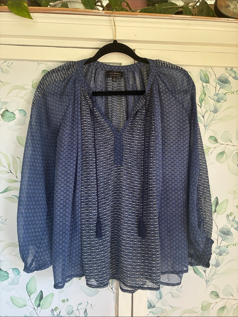 Lucky Brand Blue Printed V-Neck Tassel Blouse